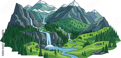 Snowcapped mountain range flowing into a valley river surrounded by pine trees