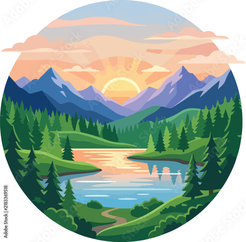 Beautiful mountain landscape with rising sun over lake surrounded by pine forest