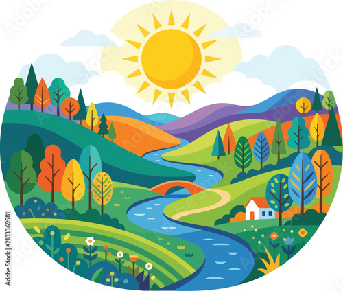 Beautiful sunny landscape with a winding river flowing through colorful hills and forest