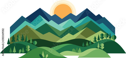 Sun rising behind geometric green mountain range and forest hills