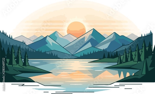Sunrise rising over blue mountains and pine tree forest reflecting on a calm lake surface