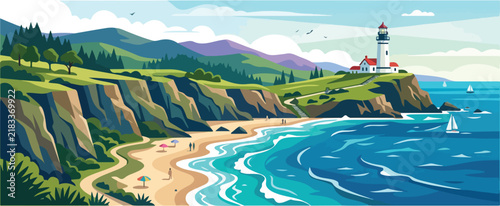 Coastal lighthouse standing on a scenic cliff overlooking the ocean and beach landscape