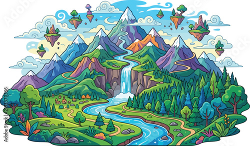 Fantasy landscape featuring majestic snow capped mountains with a flowing waterfall and floating islands in a vibrant outdoor setting