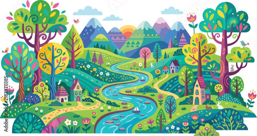 Colorful nature landscape with winding river flowing through green hills and fairy tale houses near mountains