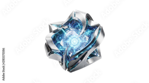 Futuristic glowing power core, metallic sci-fi energy cube with blue light, high-tech reactor element on white background