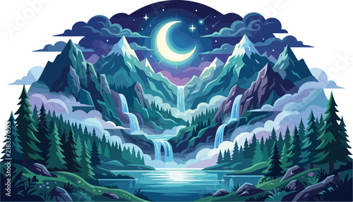 Crescent moon shining over mountain peaks and waterfalls at night surrounded by pine forest