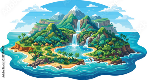 Tropical paradise island with waterfalls mountains and lush green vegetation surrounded by blue ocean water