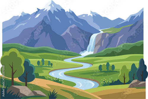 Scenic mountain landscape with river flowing through green valley and waterfall under snowy peaks