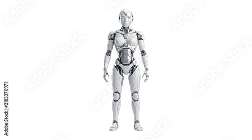 Futuristic female robot standing on white background, sleek white humanoid cyborg, artificial intelligence android with metallic details