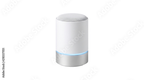 Modern smart speaker with blue LED light, sleek wireless voice assistant device, minimalist white and silver electronic home hub