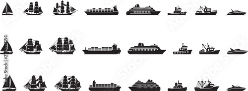Sailboat and ship icon set vector flat black marine transport isolated. silhouette vector illustration