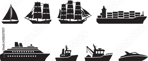 Sailboat and ship icon set vector flat black marine transport isolated. silhouette vector illustration