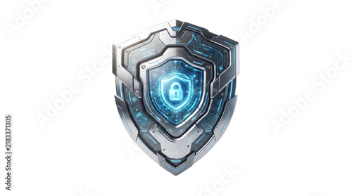 Futuristic cyber security shield with glowing padlock icon, metallic digital protection emblem, high-tech network safety symbol for data privacy