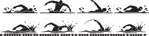 Professional swimming silhouette set features swimmers diving and racing. silhouette vector illustration