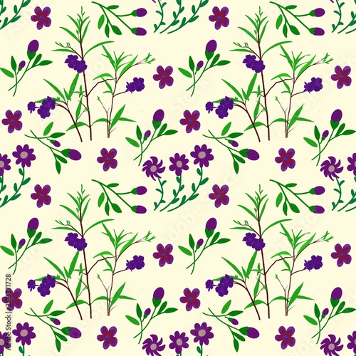 Seamless Ditsy Wildflower Floral Pattern with Purple Flowers and Green Leaves on Pale Cream Background, Botanical Vector Illustration seamless floral pattern