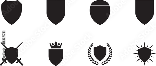Shield silhouette icon set with 8 vector elements, heraldic coat of arms frames, black security badges and protection symbols for logo design. silhouette vector illustration