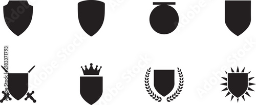 Shield silhouette icon set with 8 vector elements, heraldic coat of arms frames, black security badges and protection symbols for logo design. silhouette vector illustration
