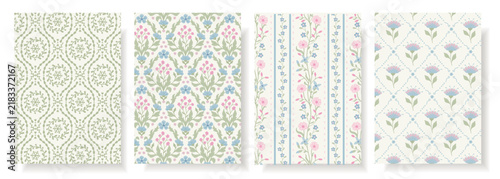 Set of four seamless floral and geometric patterns in soft pastel blue, pink and sage green. Vintage botanical motifs, decorative lattice and stripes for wallpaper, fabric, stationery and home decor.
