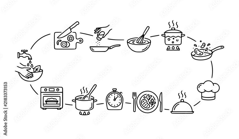 Fototapeta premium Cooking Process and Meal Preparation Editable Line Icons Vector Set