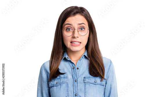 Konstfotografi Close up photo of charming horrified young person eyewear hard question isolated