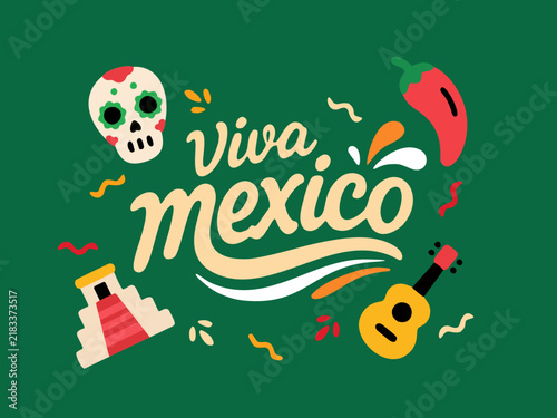 Viva Mexico typography design with sugar skull, chili pepper, guitar and pyramid icons