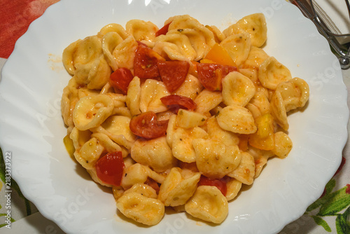 Italian Orecchiette Pasta With Tomatoes And Montasio Cheese