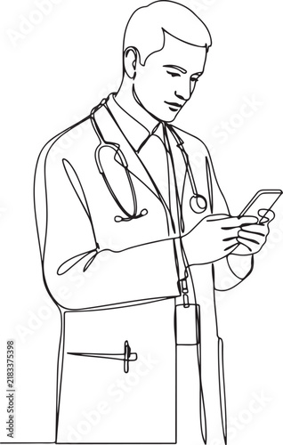 continuous vector line drawing of doctor checking his mobile phone.one line art vector illustration