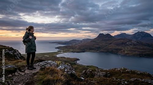 Female traveler looks at a mountain landscape from a rocky cliff