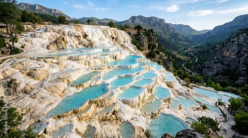 Natural travertine terraces with turquoise pools in mountain valley