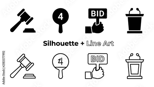 Quadro su tela Auction Icon Set: A collection of silhouette and line art icons representing various elements of an auction, including a gavel, bidding paddle, bid sign, and podium