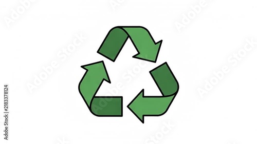 A flat design green recycling symbol rotating continuously in a seamless loop animation.