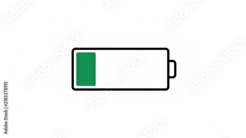 A flat design battery icon animating its charge level filling up in a seamless loop.