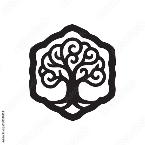 tree of life silhouette inside a hexagonal frame vector illustration