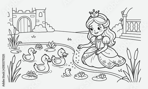 Obraz na płótnie A cute little princess sitting by a pond with ducks in a fairy tale castle garde