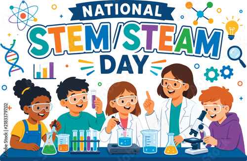 Modern flat vector for National STEM/STEAM Day featuring diverse school children and a teacher conducting science experiments in a lab. Ideal for educational posters, school campaigns, and scientific 