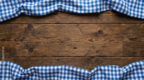 Rustic Wooden Table Background with Blue and White Checkered Gingham Tablecloth Border for Food and Menu Design