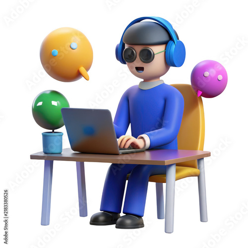 3d character with headphones and laptop on desk surrounded by colorful speech bubbles and balls