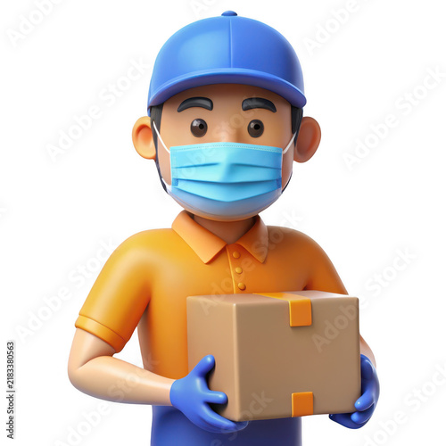 Friendly delivery person wearing mask and gloves holding a package ready for shipping