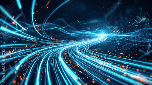 Futuristic abstract digital light trails and glowing blue fiber optic cables flowing through a dark cyberspace landscape with orange sparks, representing high-speed internet and big data networking.