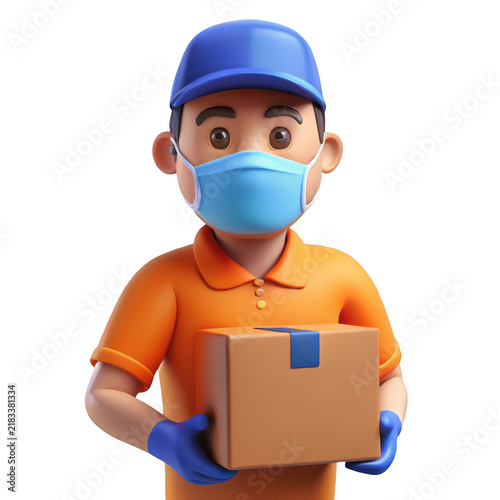 Delivery person wearing a mask and gloves holds a package safely