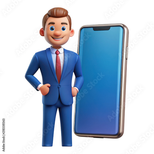 Businessman in suit stands next to a modern smartphone displaying a blue screen