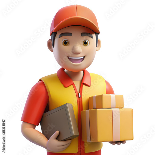 Friendly delivery person holding packages and document with a smile