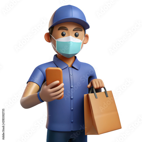 Delivery person wearing mask holding smartphone and shopping bag character
