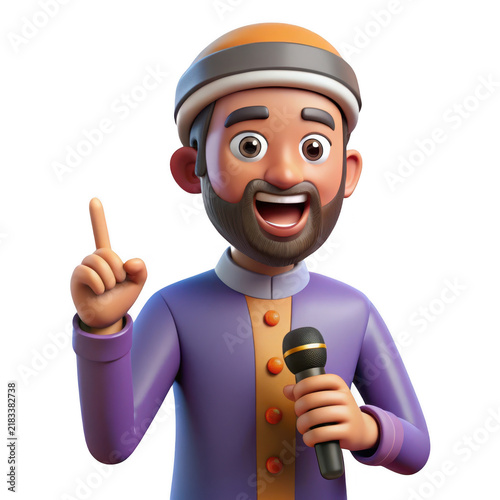 Cheerful cartoon man in traditional clothing holds microphone and raises finger in a gesture