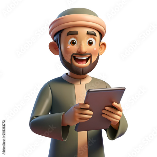 Joyful cartoon man wearing traditional turban holding a tablet computer digitally rendered