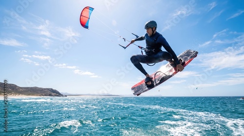 A kiteboarder wearing a helmet jumps above the ocean with a colorful kite against a sunny sky and distant shoreline.