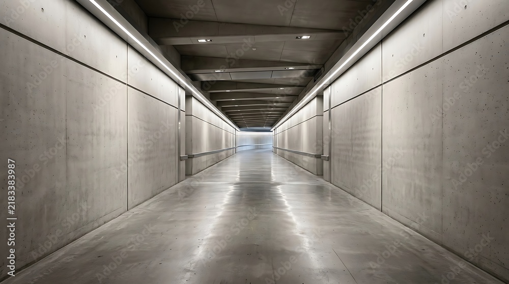 Obraz premium Concrete tunnel with overhead lighting and illuminated floor leading to bright exit