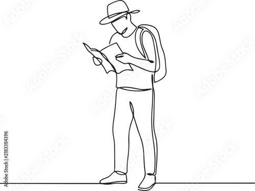 continuous line drawing of standing traveler with backpack holding map.one line art vector illustration