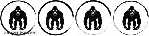 Four circular featuring a black silhouette of a standing gorilla on a white background, for wildlife branding use