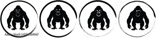 Four circular featuring a black silhouette of a standing gorilla on a white background, for wildlife primate